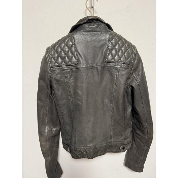 AllSaints Leather Biker Jacket Womens 4 Gray Conroy Quilted Shoulders Moto Zip - Picture 4 of 15